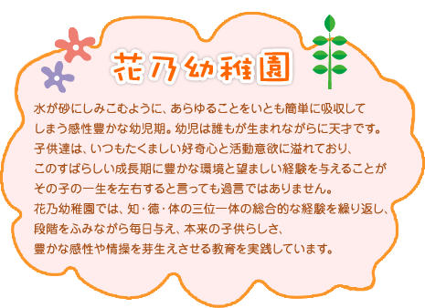 水が砂にしみこむように、あらゆることをいとも簡単に吸収してしまう感性豊かな幼児期。幼児は誰もが生まれながらに天才です。子供達は、いつもたくましい好奇心と活動意欲に溢れており、このすばらしい成長期に豊かな環境と望ましい経験を与えることがその子の一生を左右すると言っても過言ではありません。花乃幼稚園では、知・徳・体の三位一体の総合的な経験を繰り返し、段階をふみながら毎日与え、本来の子供らしさ、豊かな感性や情操を芽生えさせる教育を実践しています。